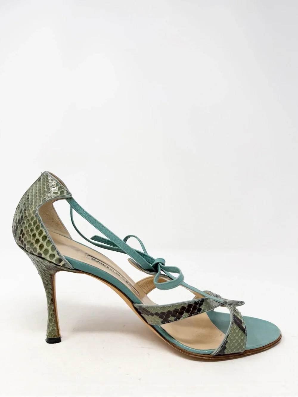 Manolo Blahnik Green Snakeskin Lace Up Sandal Heels Womens Size EU 40